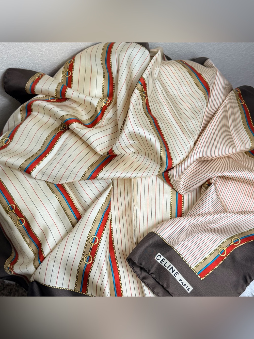 Celine Cream Silk Scarf with Red and Blue Stripe & Brown Border